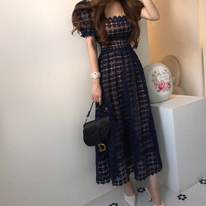 ドレス ワンピース ウェディング パーティー 結婚式 二次会 披露宴 演奏会 発表会 フォーマル キャバ ラウンジ クラブ 膝下 ロング 半袖 パフスリーブ スクエアネック タイト スリム ストレート