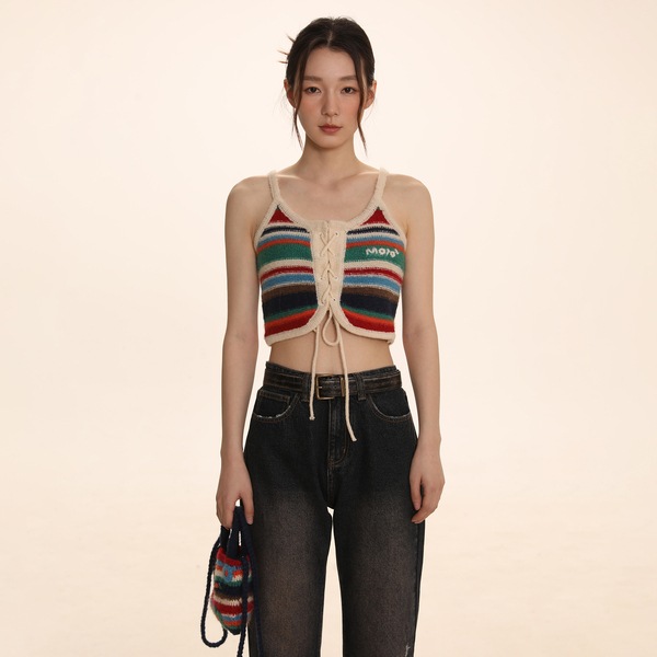 モロモロ春夏新作ストライプコントラストストラップキャミソールレディースデザインショートニットインナートップ