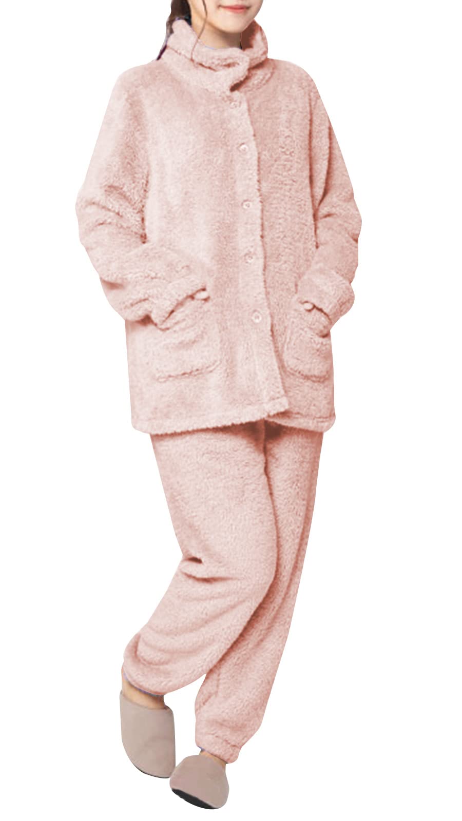 [ヒルトップクラウド] パジャマ レディース 冬 もこもこ ルームウェア 着る毛布 タートルネック 前開き 長袖 上下セット 裏起毛 あったかい 厚手 ゆったり 可愛い 部屋着 秋冬