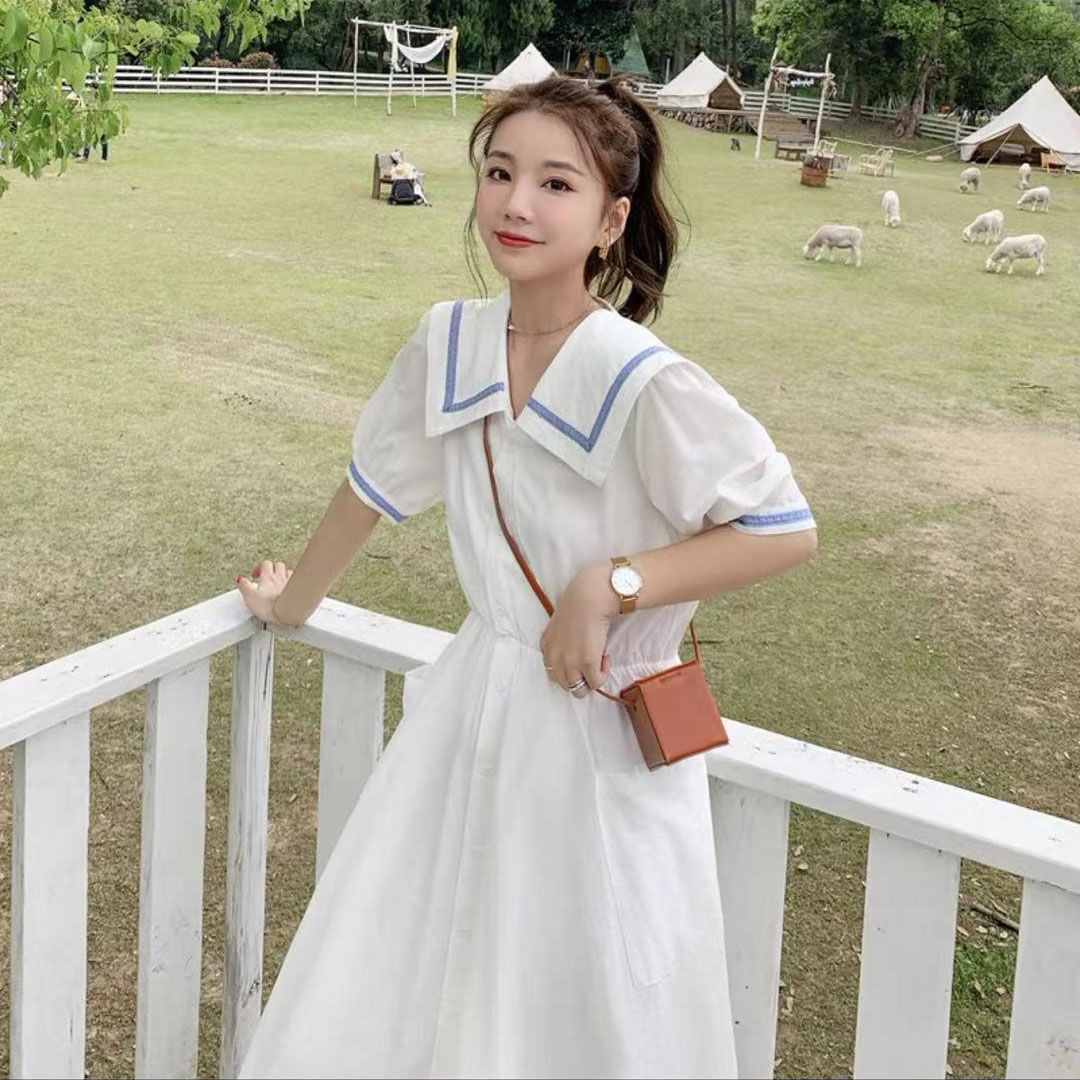 女性学生のための無地の半袖ネイビーカラードレスの韓国版夏の新しい大学スタイルのオールマッチミッドレン