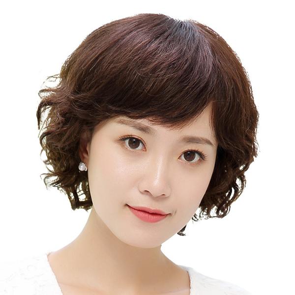 ウィッグ かつらの レディース の中高年のお母さんの短い巻き髪のファッションの本当の人の髪の糸の針の全身のカバーのウールの小さい巻きの短い巻き髪