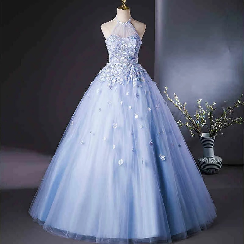 カラードレス ロングドレス パーティードレス 淡い 水色 チュール アメリカンスリーブ ホルダーネック 花 ハイネック フラワー ウェディングドレス ウエディングドレス 結婚式 二次会 花嫁 前撮り