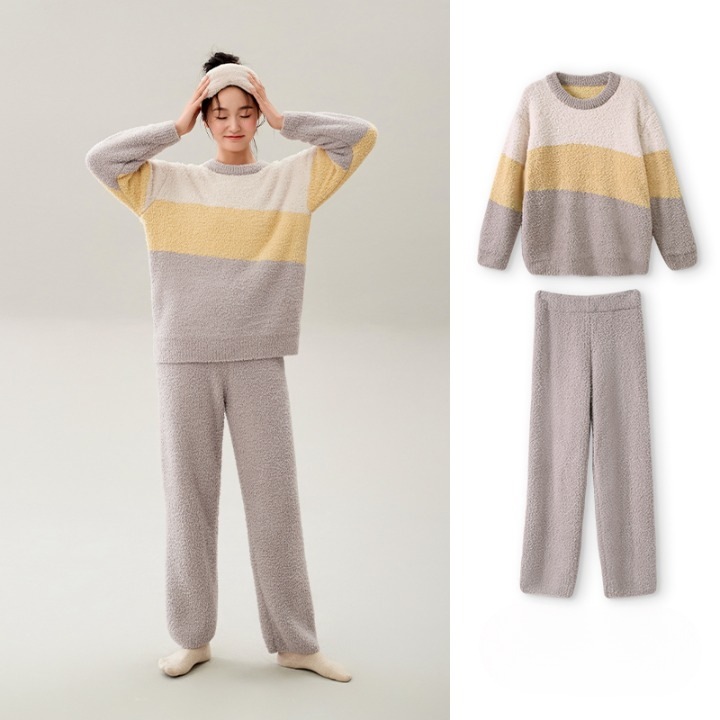 パジャマ ナイトウエア 上下セット パジャマ 長袖 ラウンドネック ミディアム丈 プルオーバー ロングパンツ ウエストゴム かわいい 大人可愛い きれいめ シンプル 上品 おしゃれ かっこいい