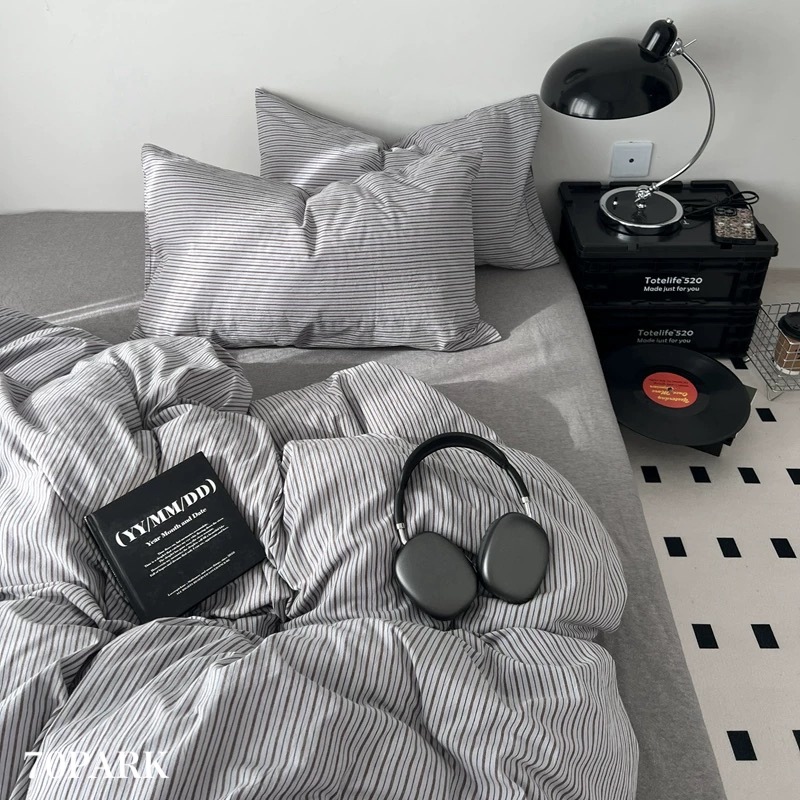 グレー ブラウン ストライプ コットン 布団カバーセット 全2サイズ オールシーズン シングル ダブル クイーン ベッドリネン おしゃれ 韓国 北欧インテリア 韓国インテリア 70PARK