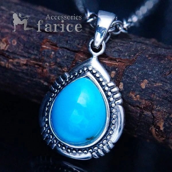 天然石 ターコイズ 縁取り銀の玉飾りドロップ型 インディアンジュエリー シルバー925 ネックレス