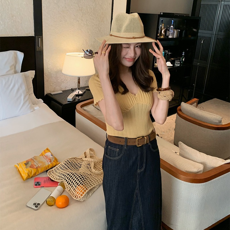 11 長いxier薄いソリッドカラー夏のフランス語の女性のためのショートスリーブニットtシャツスリムフィットイヤートップ 5,451円