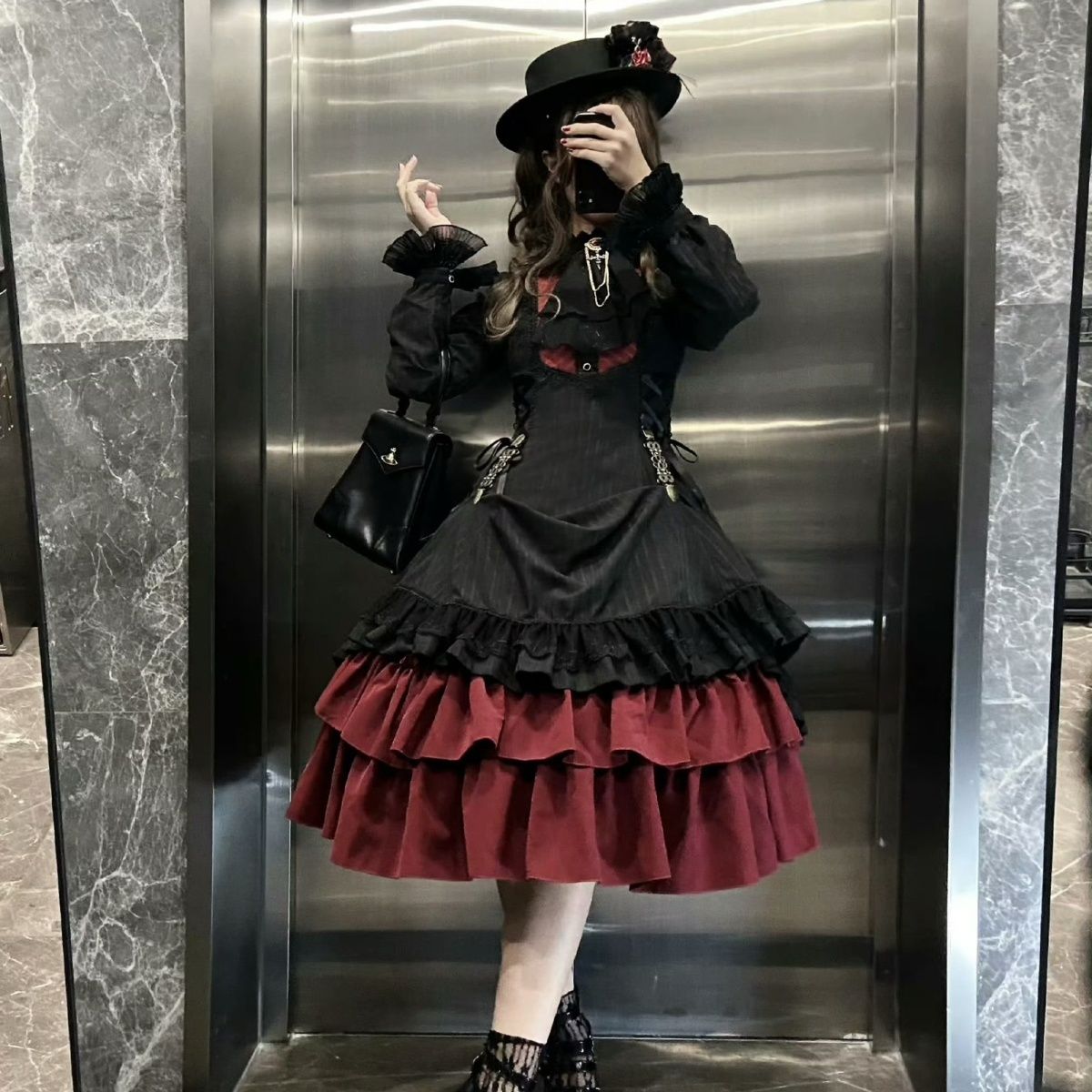 福袋ロリータスカート 秋冬 ポワントマナーロリータ レトロストライプ エレガントゴシック 長袖 スタンドカラー