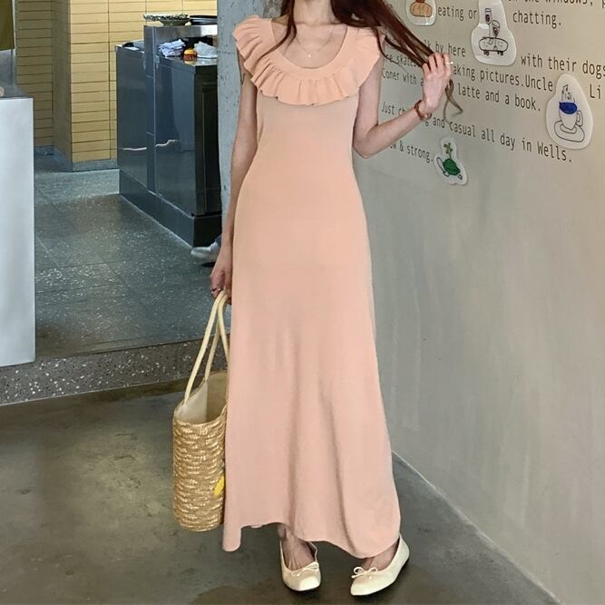 ワンピース レディース フルレングス ノースリーブ Uネック スリム フェアリースカート フリル バックコンシャス かわいい 大人可愛い きれいめ シンプル カジュアル 上品 おしゃれ レトロ こなれ