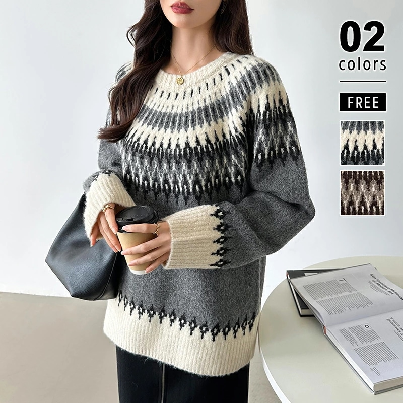 10/30！クーポンで4,630円 セーター ノルディック ニット レディース トップス 長袖 ラウンド ノルディック柄 ニットセーター 柄 プルオーバー オーバーサイズ クルーネック ボリューム袖
