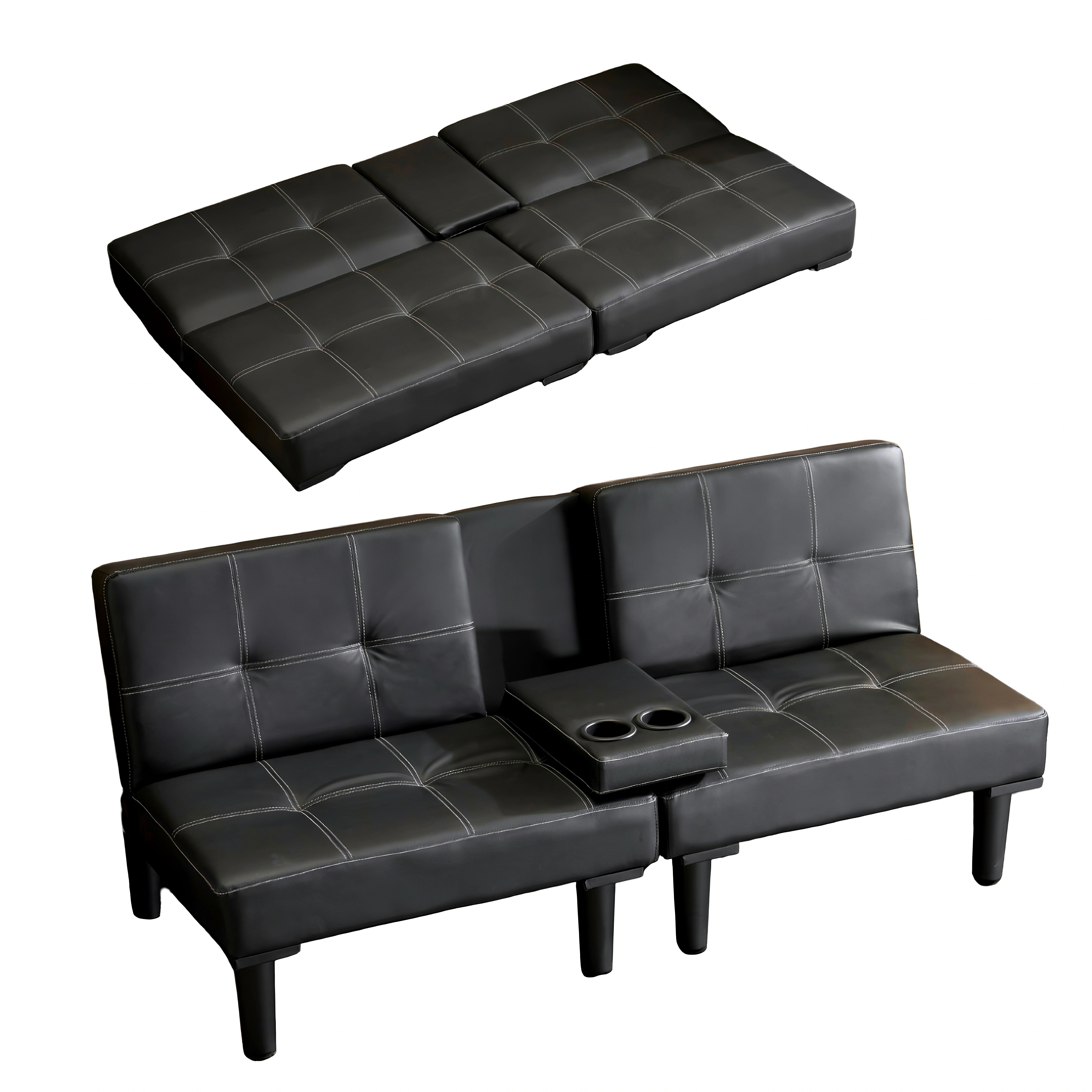 【安心保証付き159】ソファベッド ソファ ベッド カップホルダー付き 組立て簡単 事務室用 サロン用 来客対応 ロータイプ 2人 PU リクライニングソファ 背もたれ3段階 取付可能な脚 省スペース