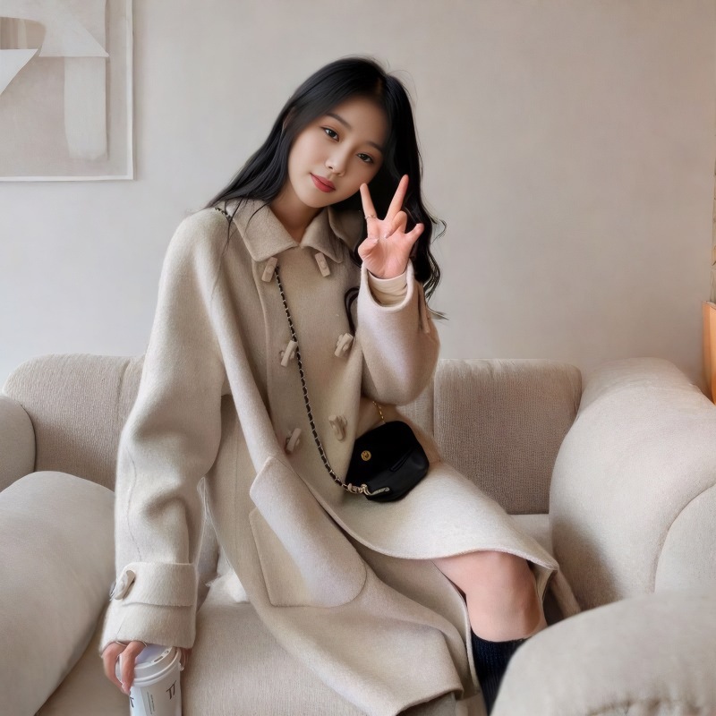 2024秋冬新作低年齢化韓国風ルーズコート女性用ミドル丈ダブルブレストルーズウールコート小柄な人向け