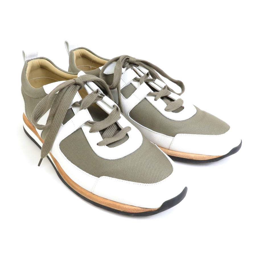 エルメス HERMES スニーカー レザー/メッシュ カーキ×ホワイト メンズ r9750f