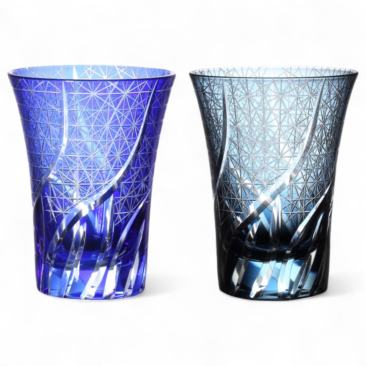 J-kitchens 水影 切子 ペア グラス カップ Φ8.4×11cm 230cc 乱彫小紋 ブルー & インクブルー 美匠 Current Model