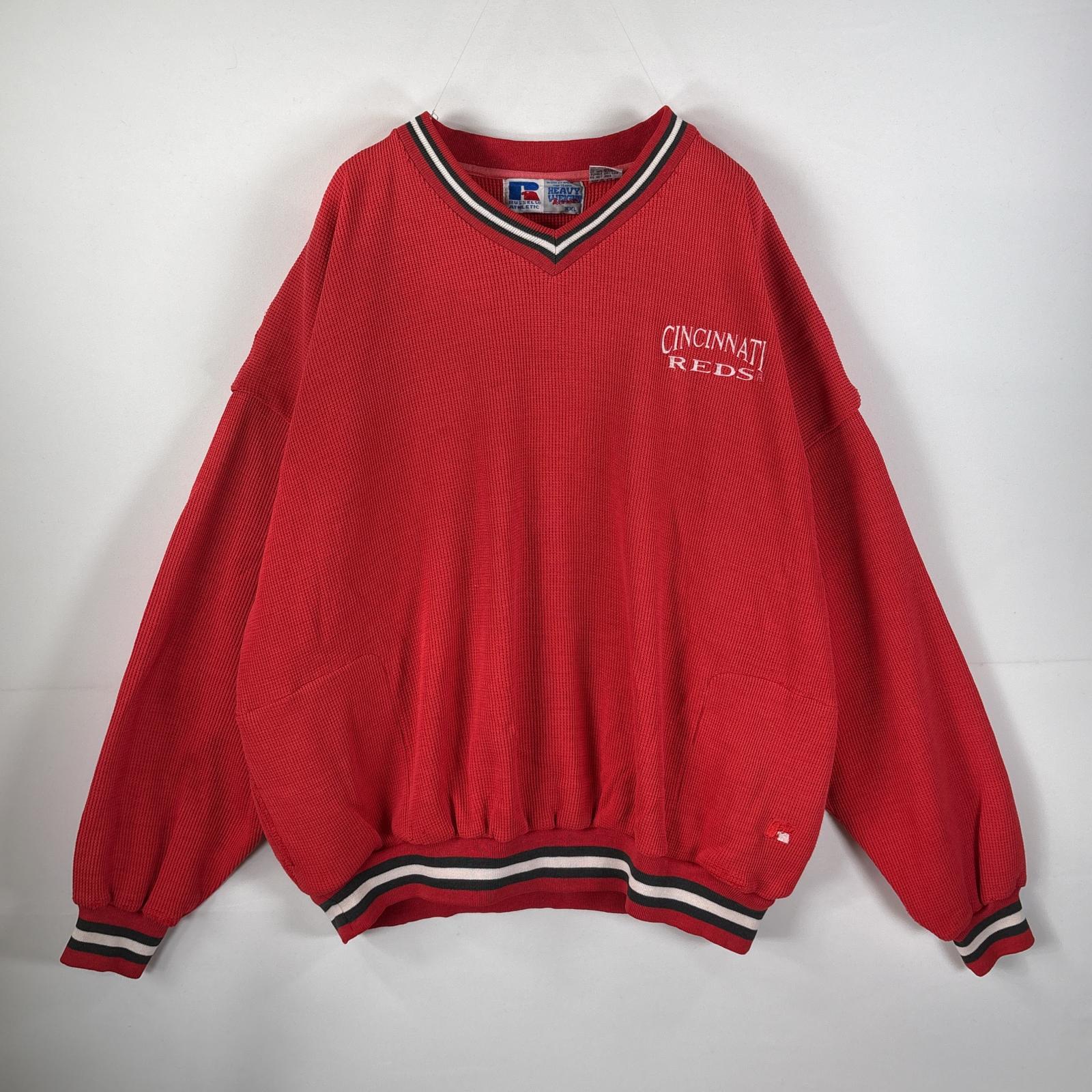 古着 90s/90年代 スウェット サーマル 肉厚 ヘビーウェイト Vネック ワンポイント刺繍 XXL レッド メンズ