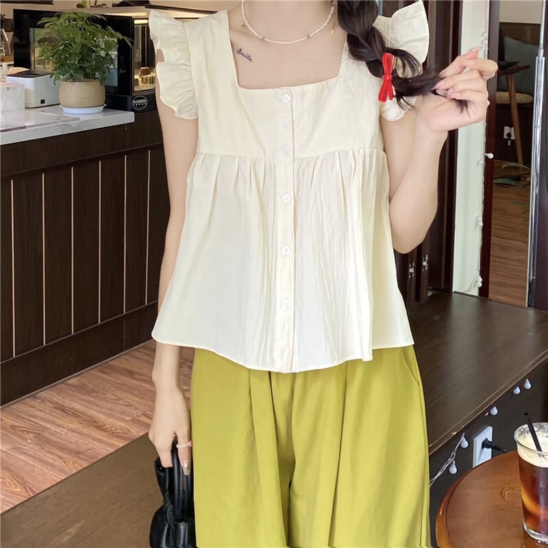 トップス 上着 人気 おすすめ おしゃれ お洒落 激安 安い プチプラ ブラウス ショート丈 ノースリーブ袖コン スクエアカラー フリル 無地 ギャザー 可愛い かわいい 大人 上品 wt