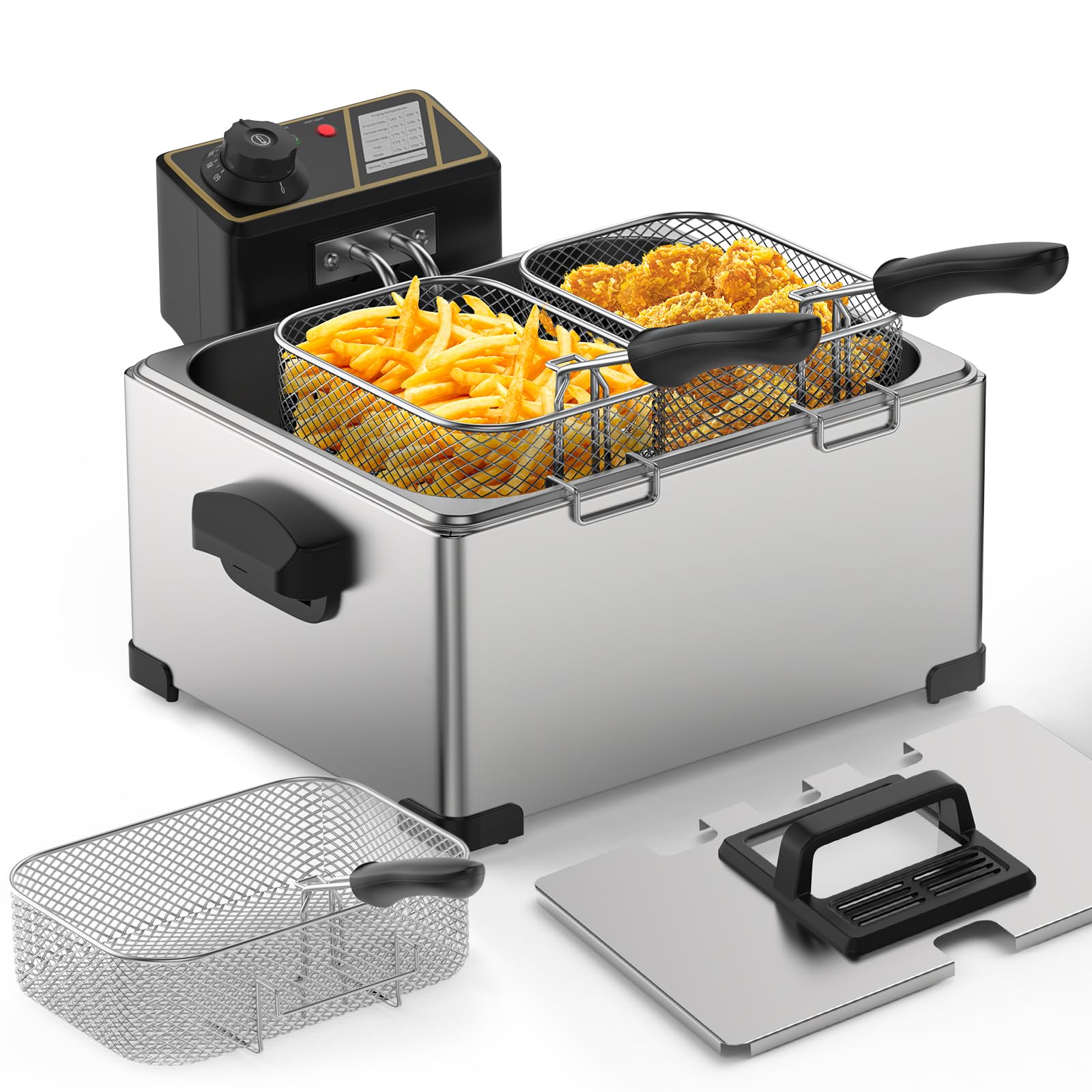 BriSunshine フライヤー 電気 5L 卓上フライヤー 業務用 3つバスケット付 60℃-200℃温度調節 100 1400W 揚げ物 天ぷら 唐揚げバスケット付き 省スペース ステンレス鋼