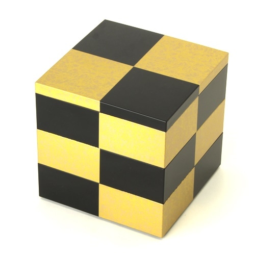 ５寸　三段　重箱　市松GOLD（黒）