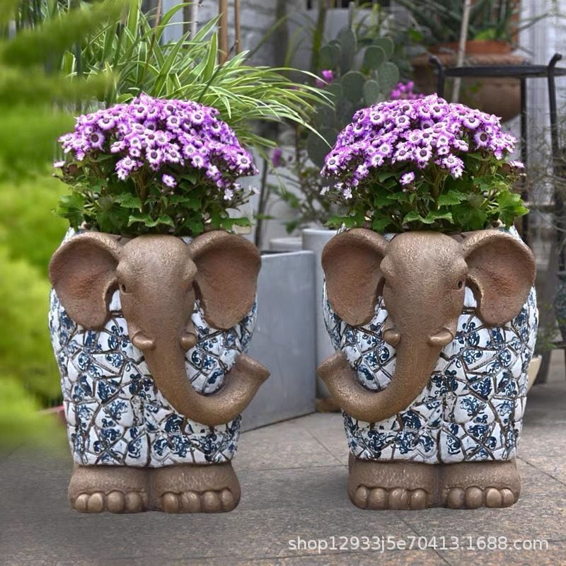 象の植木鉢 動物 おしゃれ 陶器 大きめ セット プランターカバー プランター ブルー ホワイト アジアン ガーデニング 装飾 鉢 置物 バルコニー 中庭