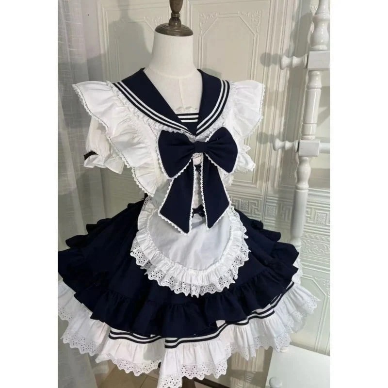 COSメイド服海軍ネックフライングスリーブウエストポンポンスーツアイドル衣装 ロリータ ハロウィン 仮装