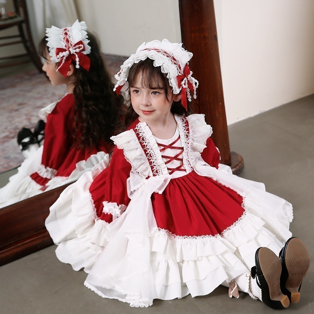 秋用プリンセスフリルドレス ワインレッド コットン素材 誕生日パーティードレス 子供用 ロリータ ハロウィン クリスマス