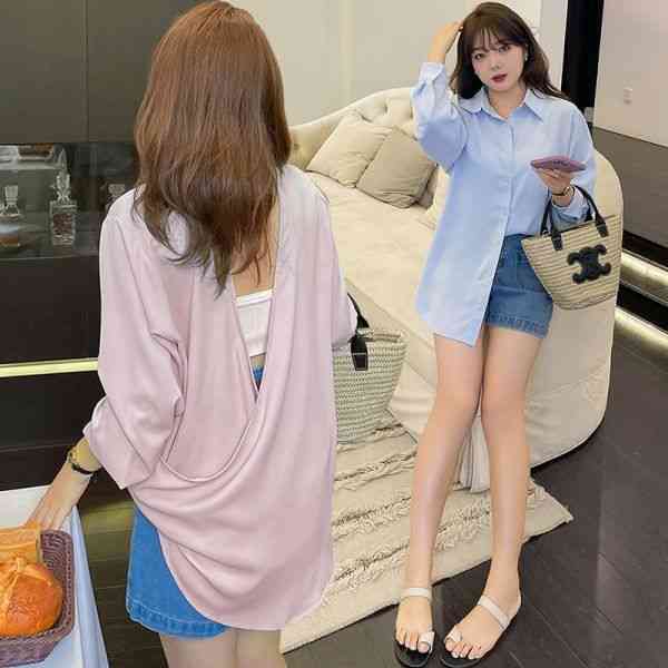 2L5L大きいサイズ 個性 背中大胆開き 薄手 涼感 ロングシャツ ブラウス大きいサイズ レディース 春夏 チュニック フォーマル オフィス ボウタイ シフォン シャツ インナー blouse