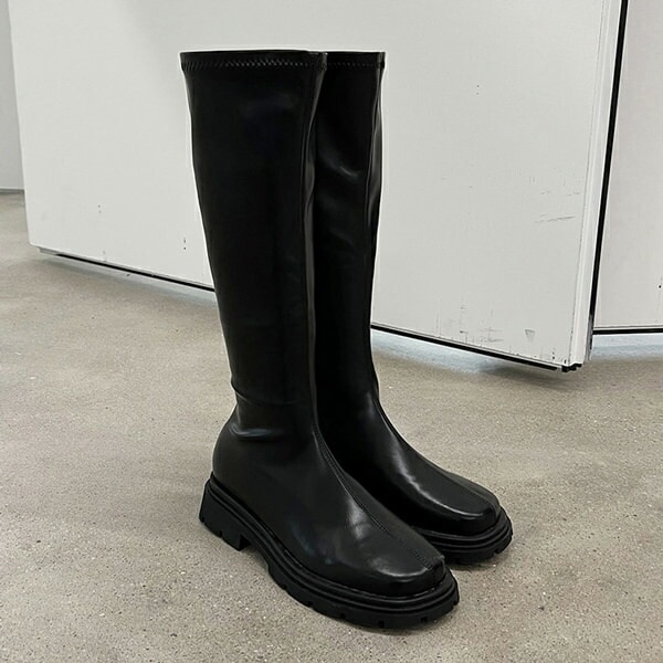 ロングブーツ ストレッチ サイドジップ トラックソール レディース 黒