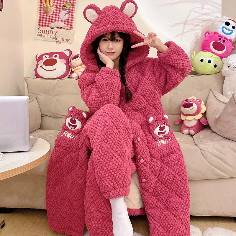 三層綿入り寝衣女冬サンゴパイル厚手ベルベットフランネル長型パジャマ女秋冬ホームウェア