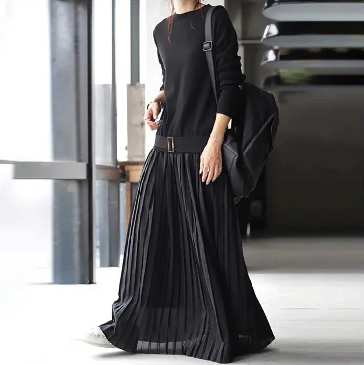 秋冬 新作 長袖 プリーツワンピース 着痩せ 体型カバー ニット ワンピース レイヤード風 Aライン ロングワンピース 重ね風 ロング丈 レディース シンプル 切り替30%制限