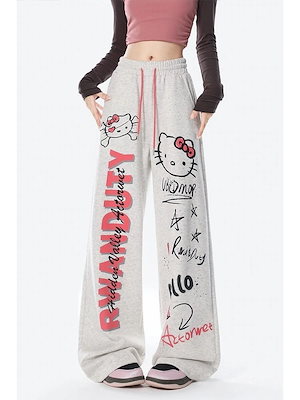 40点セットの年末特別価格サンリオ レディース グレーハローキティスウェットパンツ レタープリントルーズストレートワイドレッグ カジュアルロングパンツ 快適かわいい