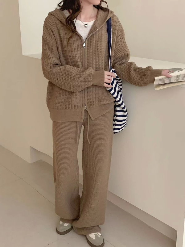 セットアップ 2点セット レディース パンツ 春 秋 冬 長袖 フード付き パーカー ニット ファスナー セーター ロングパンツ 秋冬 モード 大人 おしゃれ きれいめ カジュアル 落ち感 ゆったり