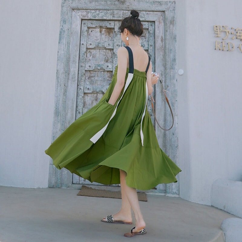 Aラインストラップワンピース ワンピース レディース フレアワンピース ロング ロング丈 袖なし スクエアネック フレア サマーワンピ ３カラー a4337