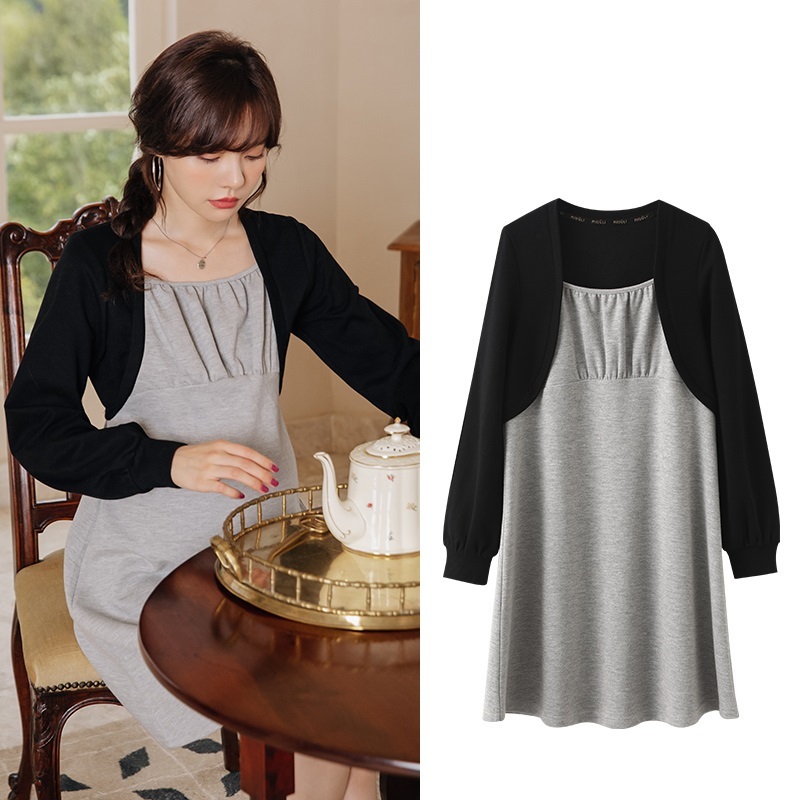 【日本未発売/送料無料】マタニティ ワンピース レイヤード風 バイカラー 長袖 ひざ上丈 4,896円