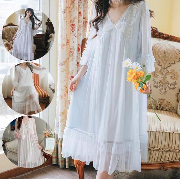 レースネグリジェ レディース ルームウェア パジャマ 部屋着 女性 パジャマワンピース お姫様風 可愛い Vネック フリル 寝巻き 快適パジャマ 薄手 ランジェリー 婦人パジャマ 寝間着 ナイトウェア 5,591円