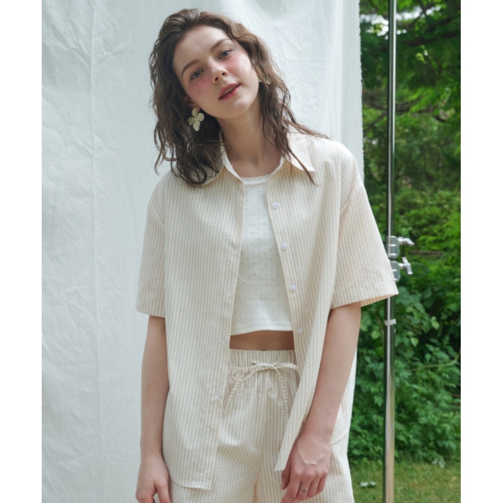 LOSSYROW シーサーサッカーストライプシャツピンク