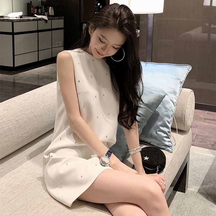 ワンピース ミニワンピース ラインストーン キラキラ ドレス 白 黒 韓国 レディース オルャン ミニ丈 ミニ ショート ショート丈 袖なし ノースリーブ ラウンドネック スリム タイト