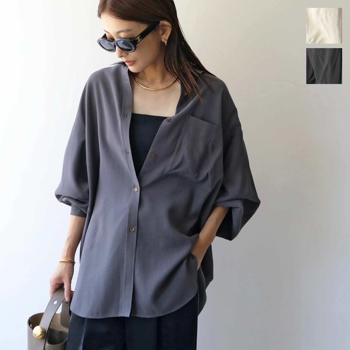 CHIGNON シニヨン シャツ 1854-013KK レディース ドレープ タック レーヨン混ツイル オーバーサイズ 長袖 カラー2色