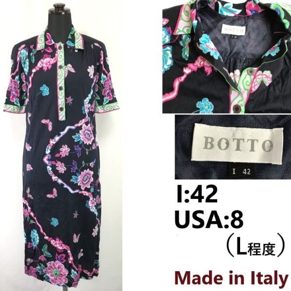 イタリア製BOTTO最高級生地　花柄/半袖/ロング丈/春夏ワンピース【I42/USA8/JAPAN L程度/紺】マキシ/コットン100%/Tops/ShirtssBH914
