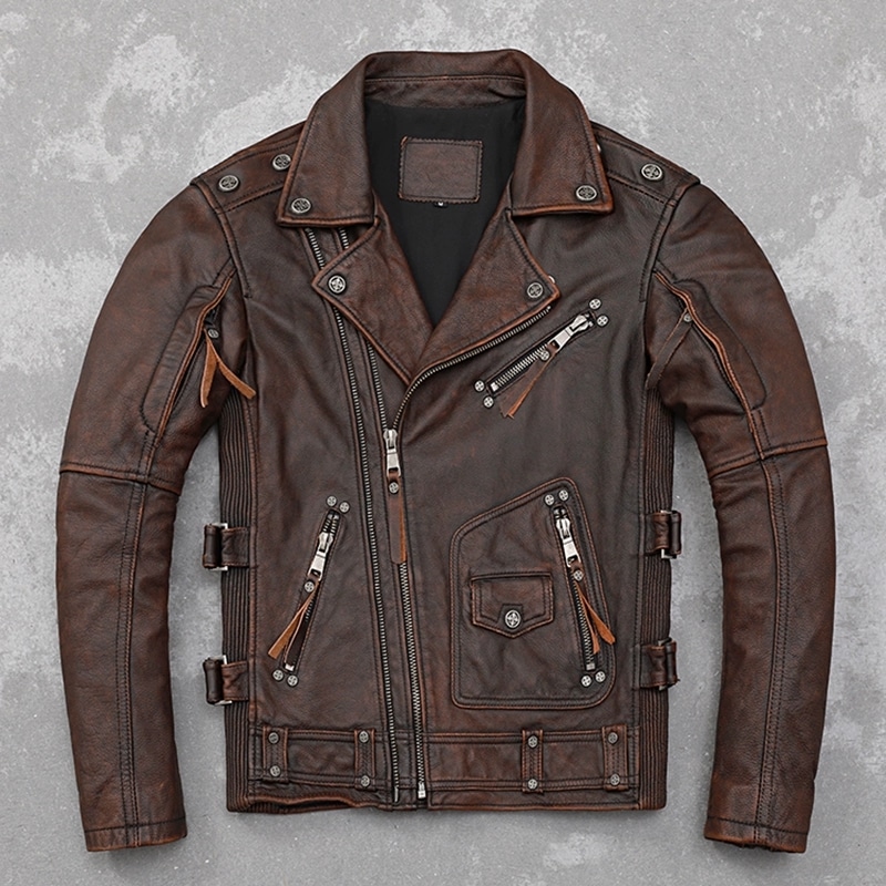 レトロなダメージ加工ハーレーオートバイ初層牛革ジャケットスリムメンズ本革ジャケット 　メンズ本革ジャン