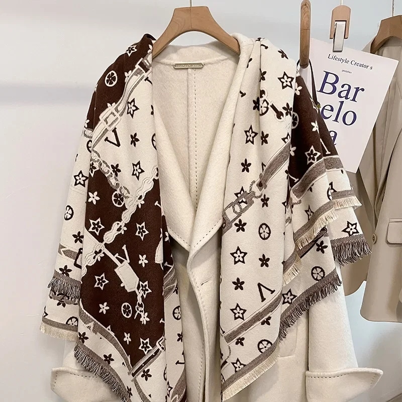 女性用カシミヤスカーフ,厚手のカシミヤスカーフとラップ,暖かいスカーフ,高級ブランド,ファッショナブル,冬,新しい2024
