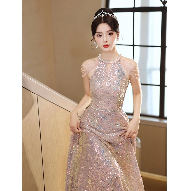 イブニングドレス ホルターネック ピンク キラキラドレス スパンコール 発表会ドレス ロングドレス ビーズ フリンジ オシャレ キレイめ パーティードレス 大きいサイズ ドレス キラキラ ノースリーブ