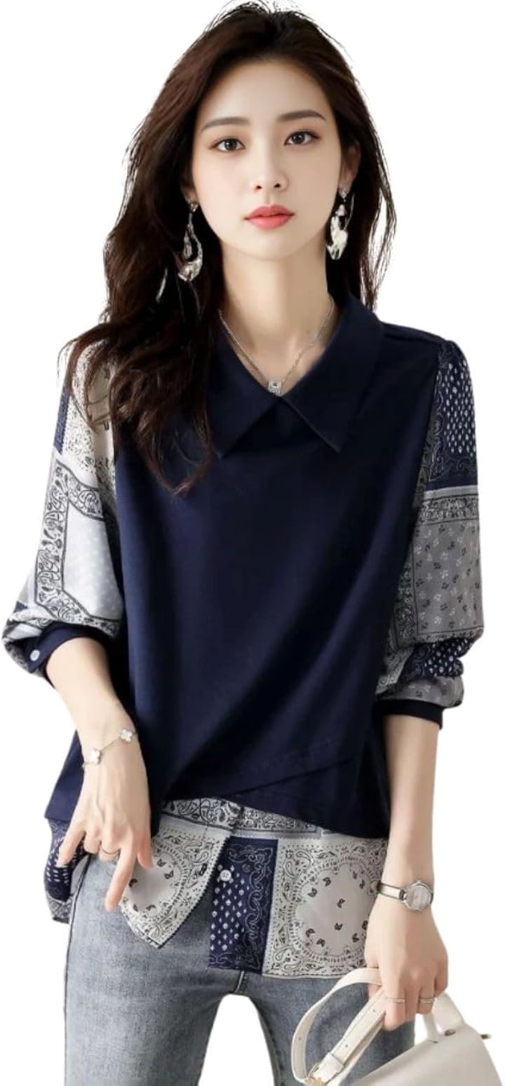 ジェイスコット レイヤード風ブラウス レディース シフォンシャツ ペイズリープリント パフスリーブ 長袖 異素材切替 (ネイビー, L) 4,682円