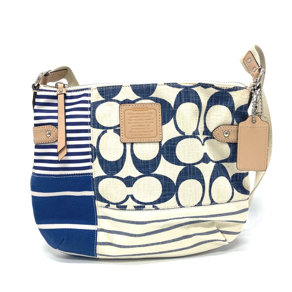 ショルダーバッグ F23929 シグネチャー フラット ショルダーバック バック カバン キャンバス ベージュ×ブルー