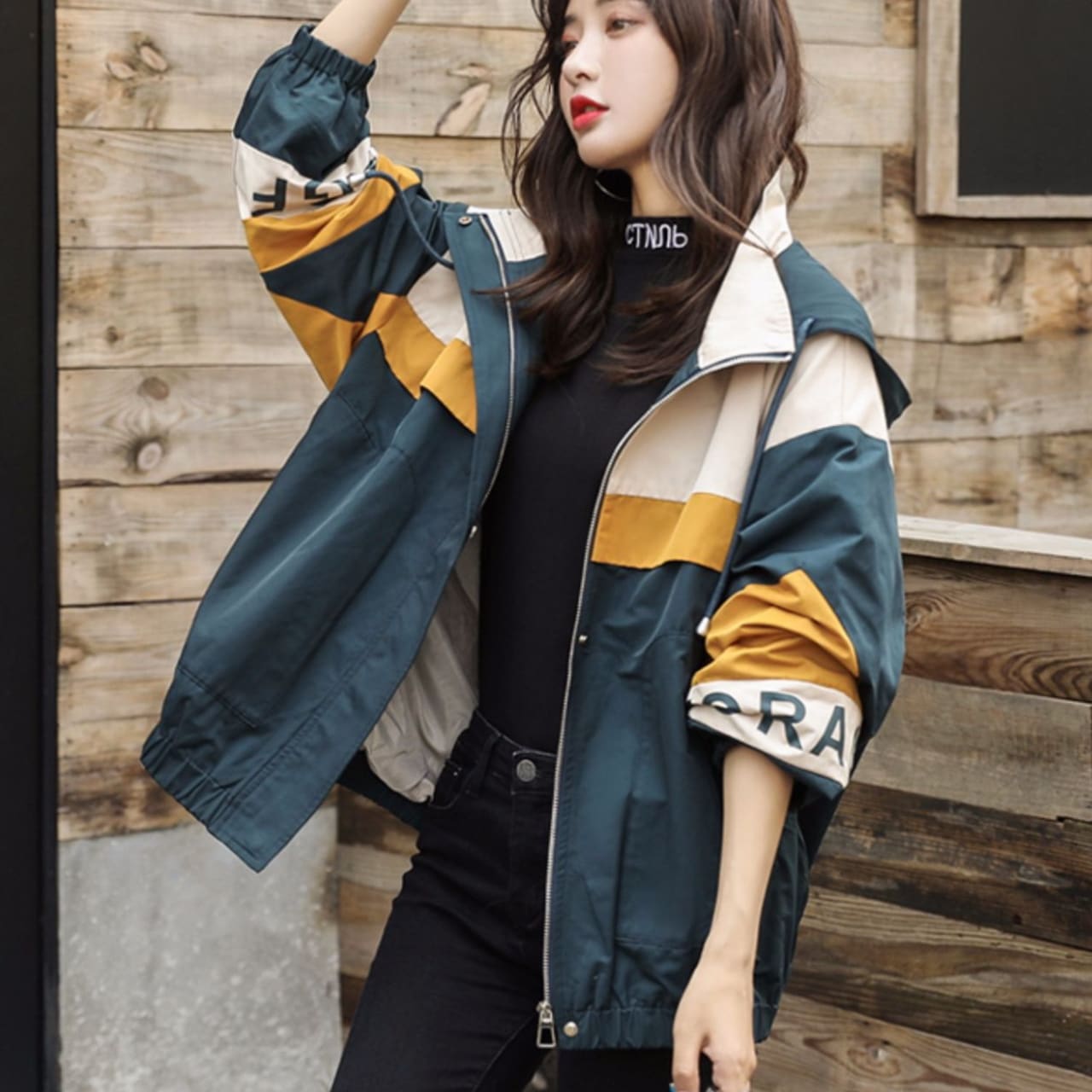 2カラー アウター レディース ジャケット ジッパー 前開き バイカラー 人気 個性的 カジュアル ゆったり 大きめサイズ ストリート メンズライク ユニセックス ネイビー ブラウン 着回し 重ね着