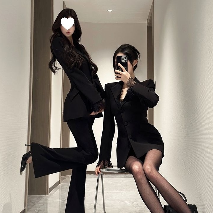 2026 春 セットアップ スーツ おしゃれ ブラック レース スーツセット 新作 デザイン感 アウター 2点セット 上下セット 卒業式 入学式 レディース