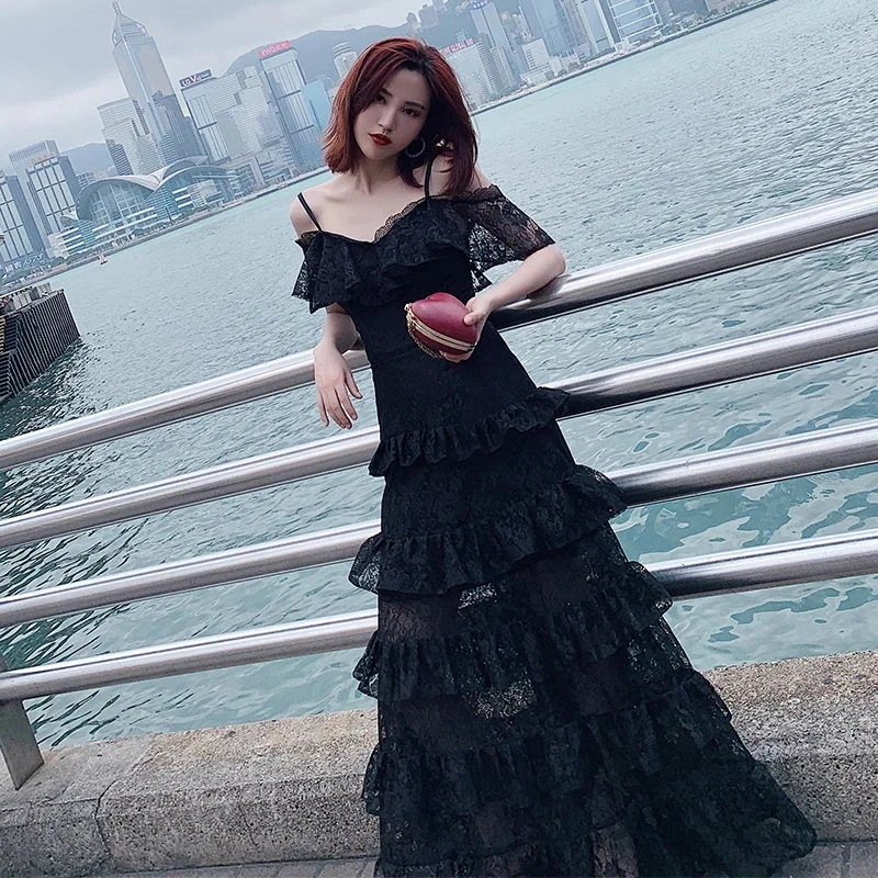 セクシーなドレス2025夏凛としたエレガントなスリムブラック気質ロングサスペンダー宴会ドレススカート女性のための