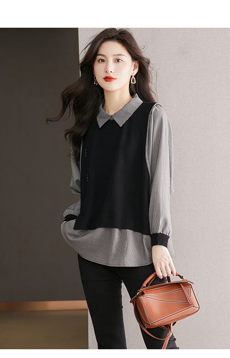 秋 レイジー レディース ニット セータートップ ファッション デザイン レベル センス チェック柄 シャツ ブラック ネイビー M L XL XXL トップス 袖あり かわいい 大人可愛い きれいめ