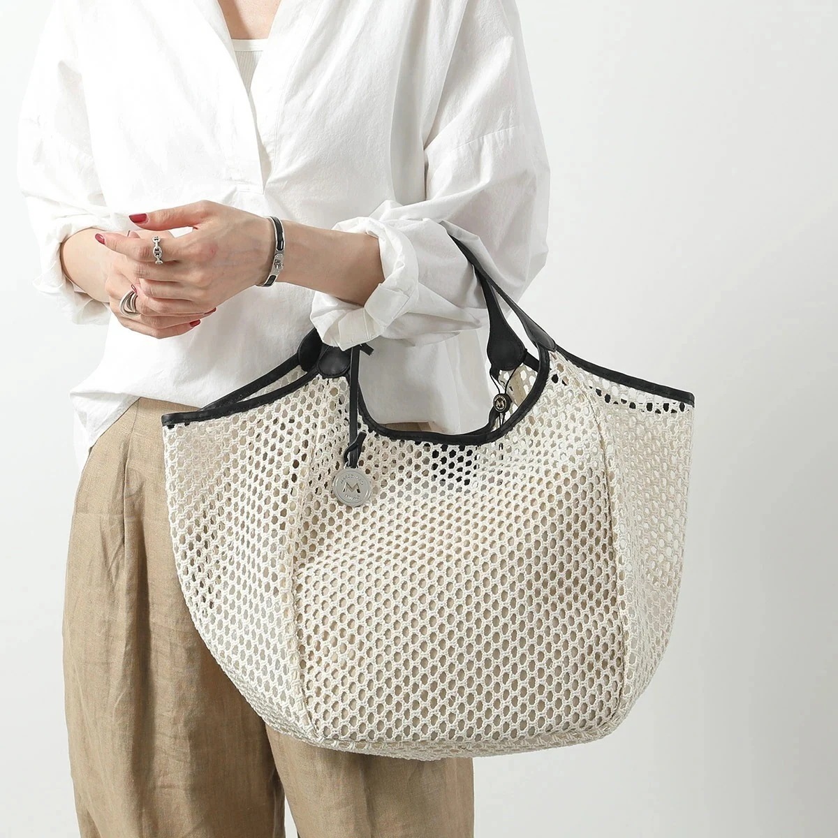 MARCO MASI マルコマージ トートバッグ 2141FISSI-VIT レディース メッシュバッグ ハンドバッグ コットン × レザー 鞄 ホワイト×ブラック
