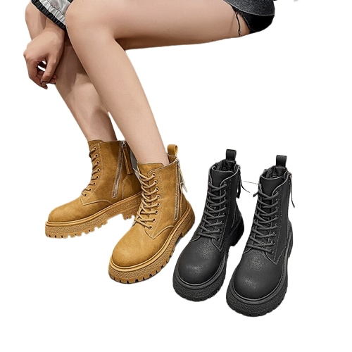 インナーハイキングマーチンブーツレディースギャザー秋のインランイエローブーツ本革太ヒール厚底ショートブーツ
