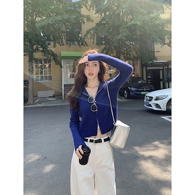 ダブルファスナーの帽子付きニットカーディガン女性秋冬の短いゆったりしたコートの上着