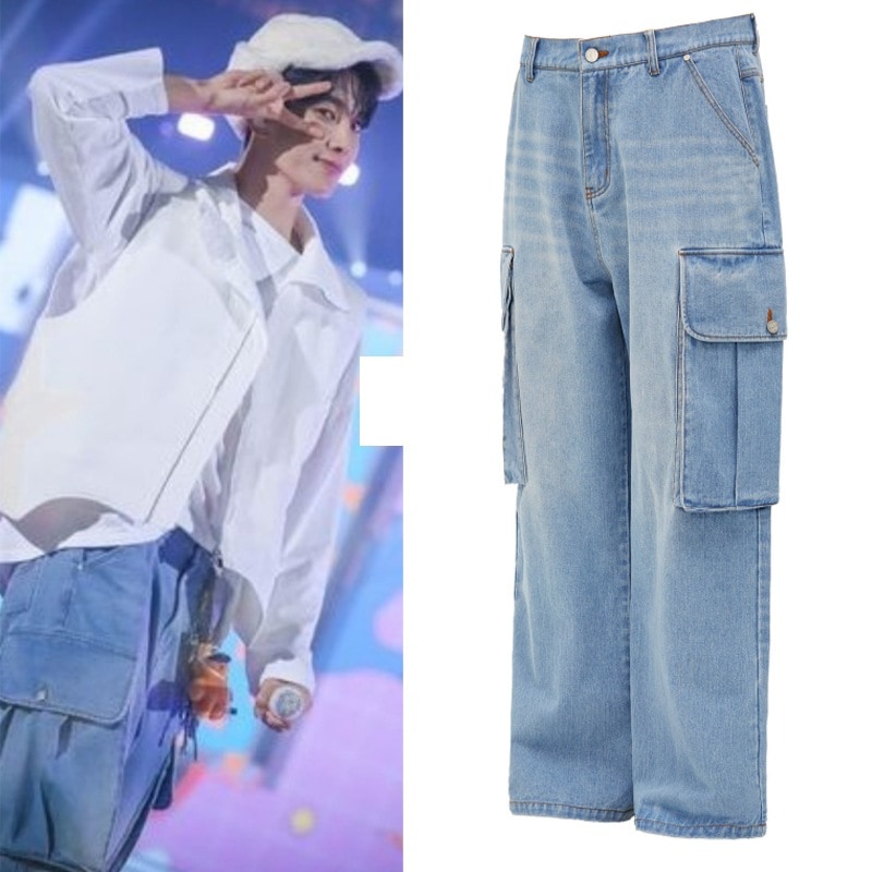 SEVENTEENドギョム着用 hoodhood ビッグ ポケット ウォッシュド カーゴ デニム パンツ